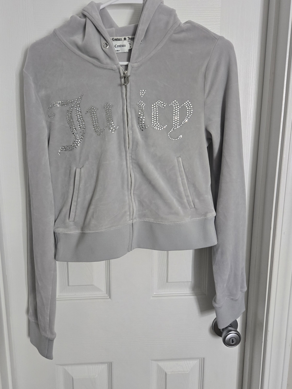 Juicy Couture Women's Light Gray Velour Zip Hoodie with Rhinestone Logo Size M *